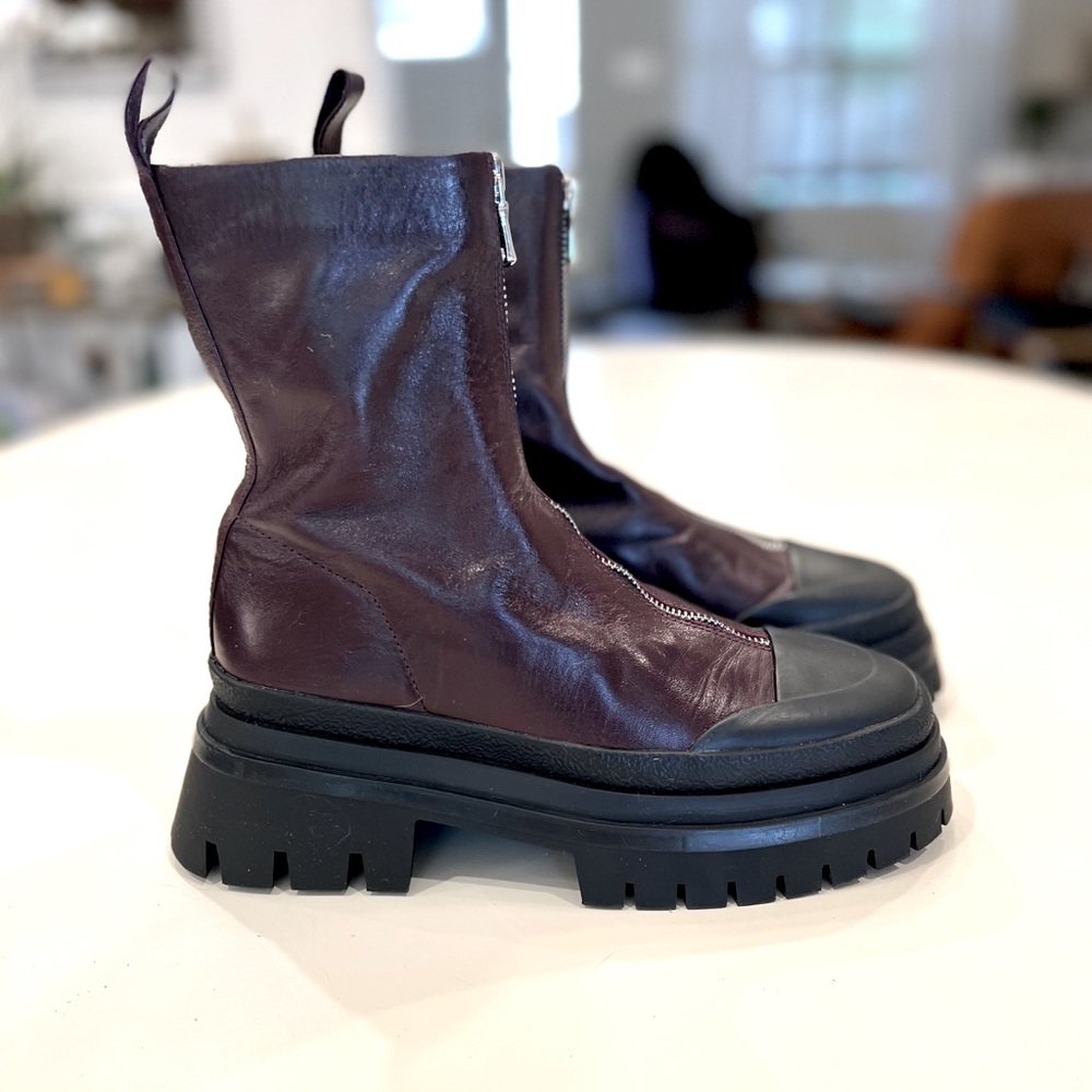 Zara Leather Lug Sole Zip Front Combat Boots